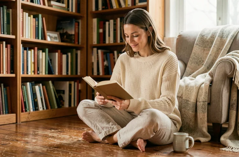 Femme lisant un roman dans un salon cosy entouré de livres, activité de loisir relaxante au quotidien