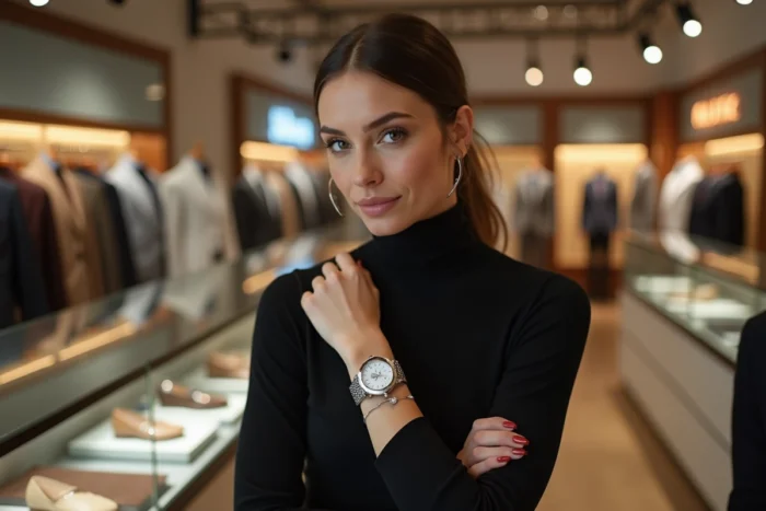 Femme portant une montre Michael Kors MK en acier inoxydable dans un magasin de mode contemporain