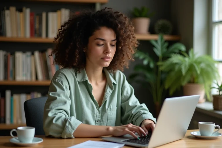 Femme utilisant un moteur de recherche alternatif respectueux de la vie privée sur un ordinateur portable dans un bureau à domicile