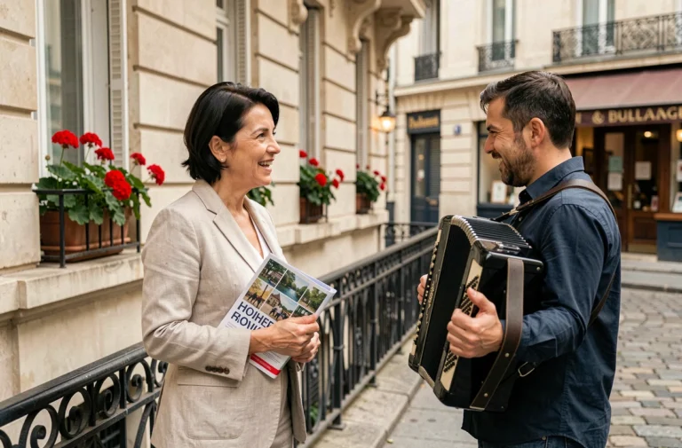 Femme parisienne discutant avec un musicien de rue accordéoniste devant un immeuble haussmannien, actualité culturelle locale de Paris