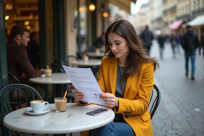 Jeune femme analysant une offre de prêt immobilier en terrasse de café à Paris
