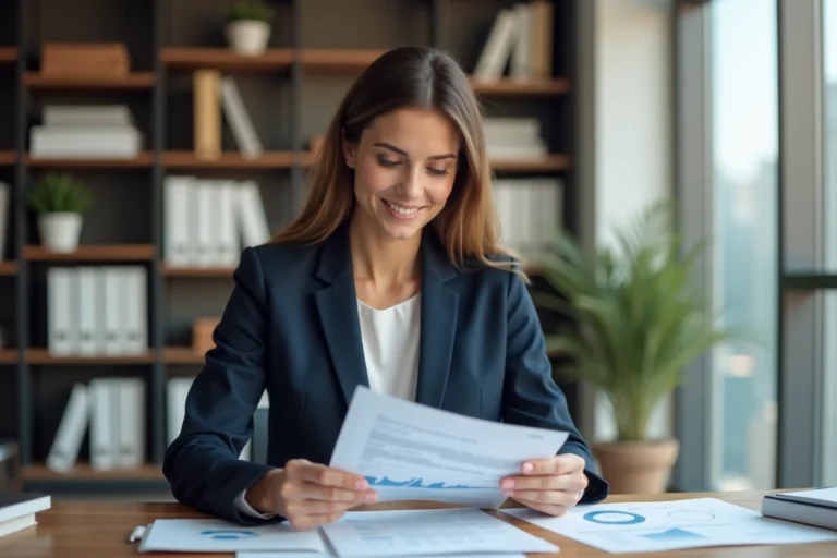 Femme professionnelle consultant des rapports business dans un bureau moderne avec vue sur la ville