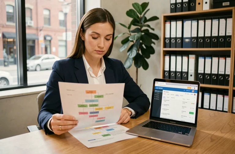 Femme professionnelle consultant un sitemap imprimé pour optimiser sa recherche d'emploi en ligne