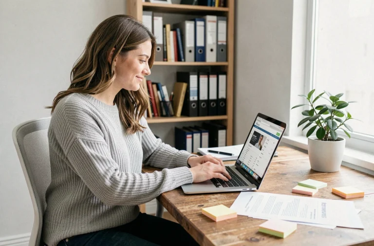 Femme en télétravail cherchant des offres d'emploi en ligne sur son ordinateur portable dans un bureau à domicile organisé