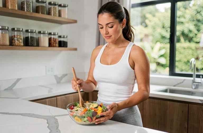 Femme préparant un repas sain et équilibré dans une cuisine moderne pour perdre du poids en une semaine