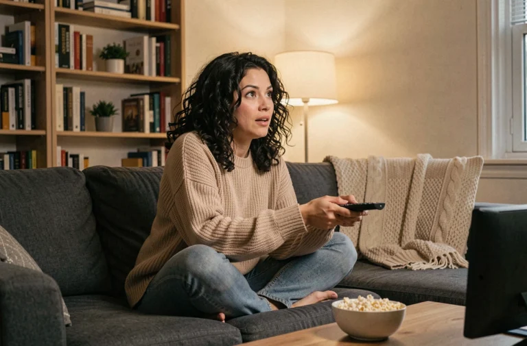 Femme captivée devant une série télévisée depuis son canapé confortable dans un salon chaleureux