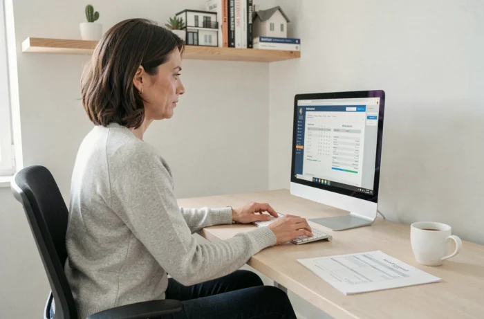 Femme consultant une simulation de prêt immobilier sur ordinateur dans un bureau à domicile