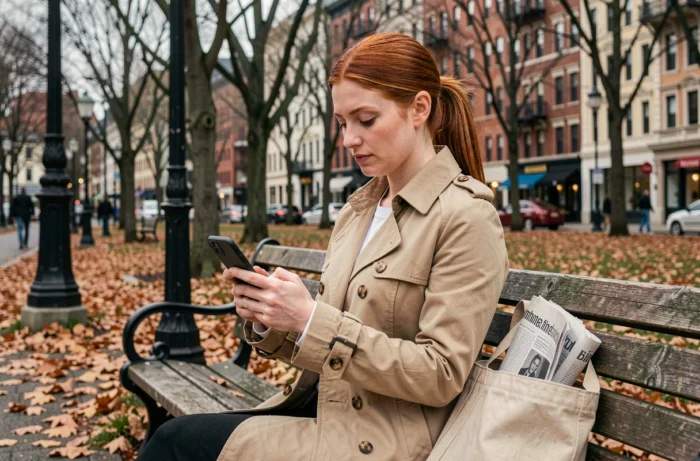 Jeune femme lisant les actualités sur son smartphone dans un parc urbain en automne