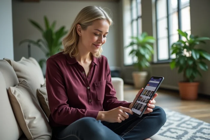 Femme consultant des applications TNT gratuites sur une tablette connectée à une Android TV dans un appartement urbain