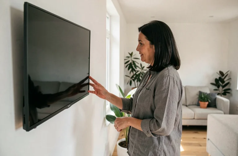 Femme examinant un téléviseur Saba dans un salon moderne au style scandinave