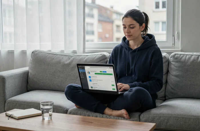 Femme utilisant eMule sur un ordinateur portable depuis son canapé à la maison