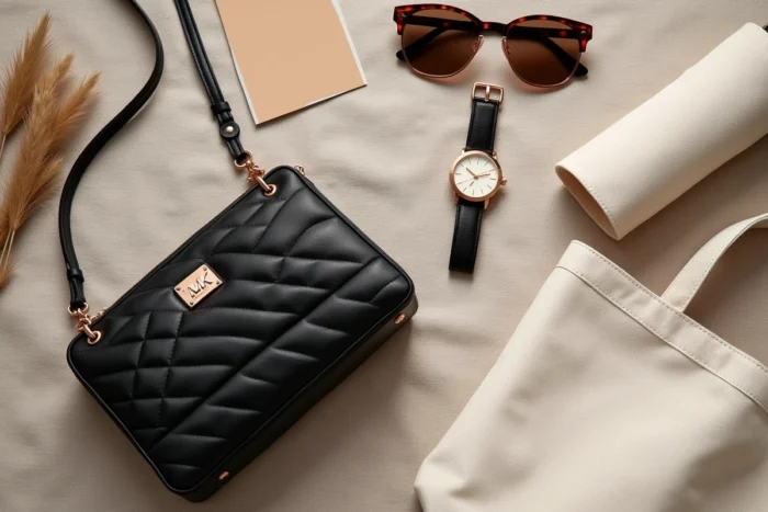 Flat lay de produits Michael Kors MK incluant sac, montre et lunettes sur fond de lin texturé