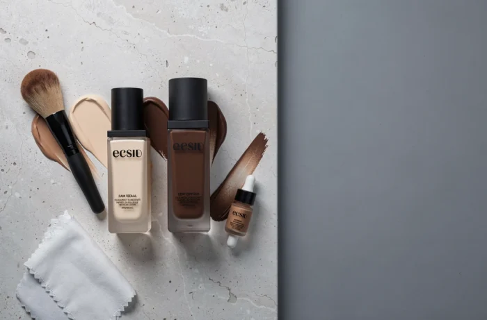 Flat lay de plusieurs teintes de fond de teint couvrant sur une surface en pierre avec un pinceau de maquillage