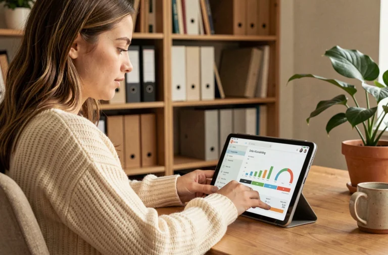 Jeune femme suivant une formation comptable à distance sur une tablette depuis son bureau à domicile