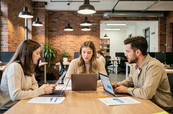 Groupe de jeunes entrepreneurs en formation e-commerce autour d'une table dans un espace de coworking