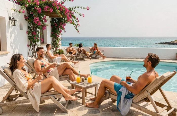 Groupe de vacanciers se relaxant au bord d'une piscine dans un club Framissima en Méditerranée