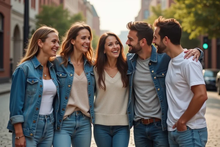 Groupe de jeunes adultes représentant des frères et sœurs souriants dans une rue urbaine moderne