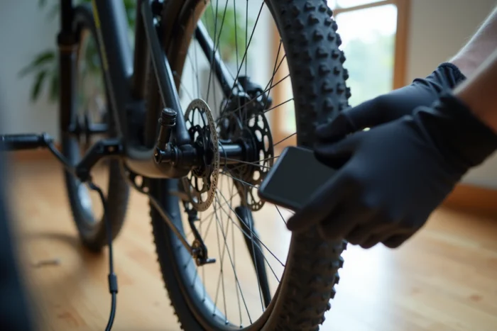 Gros plan sur le moteur et la connexion de diagnostic d'un VTT électrique Rockrider E-ST 100 en cours de réparation