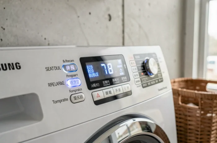Gros plan sur le panneau de commande d'une machine à laver Samsung Eco Bubble avec affichage de réinitialisation