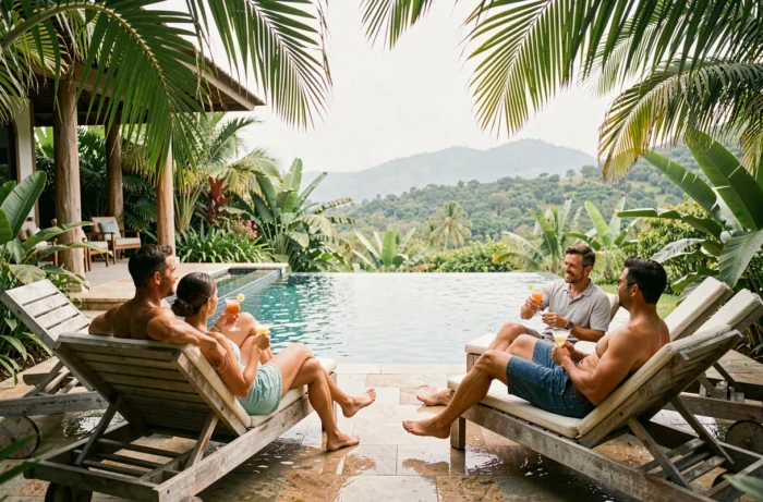 Groupe d'adultes en séjour discret se détendant au bord d'une piscine à débordement dans une villa privée tropicale