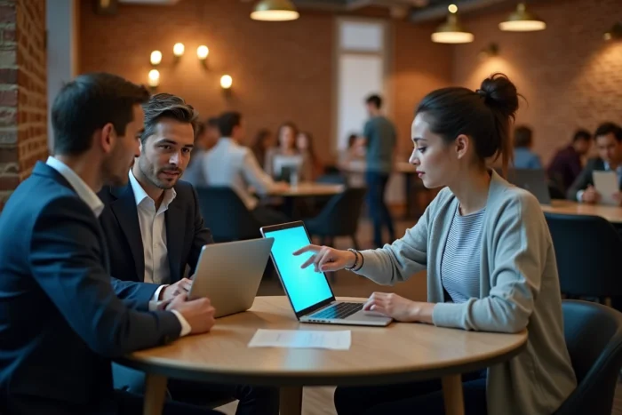 Groupe de professionnels adultes participant ensemble à une session d'apprentissage à distance dans un espace de coworking moderne