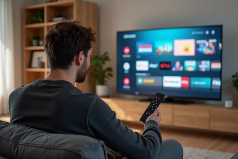 Homme utilisant une télécommande Android TV devant un écran affichant des applications TNT gratuites dans un salon moderne