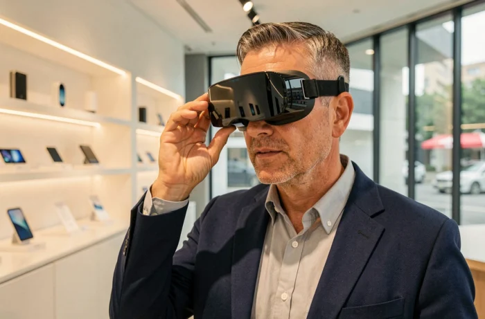 Homme testant un casque de réalité augmentée dans un showroom high-tech, représentant les innovations technologiques de l'année