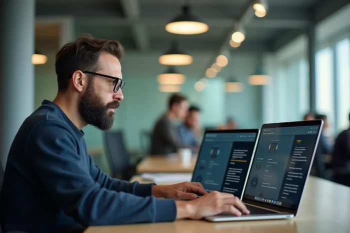 Homme comparant plusieurs sites annuaires alternatifs sur deux ordinateurs portables dans un espace de coworking moderne
