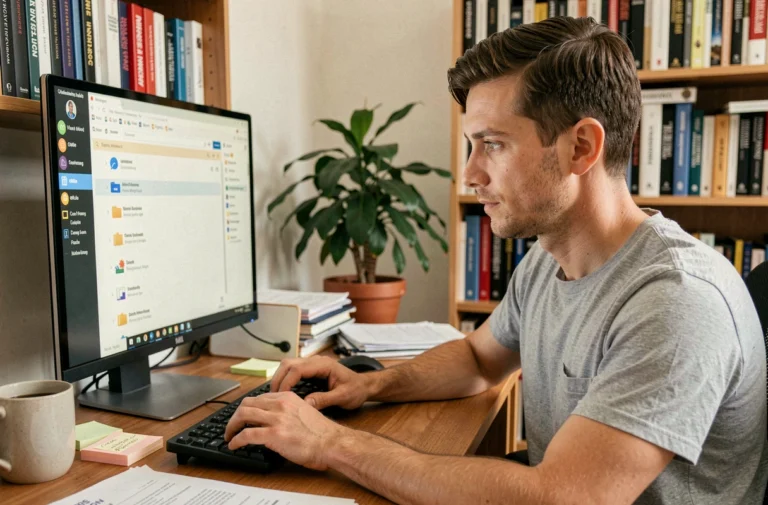 Homme configurant le logiciel eMule sur un ordinateur de bureau dans un bureau à domicile