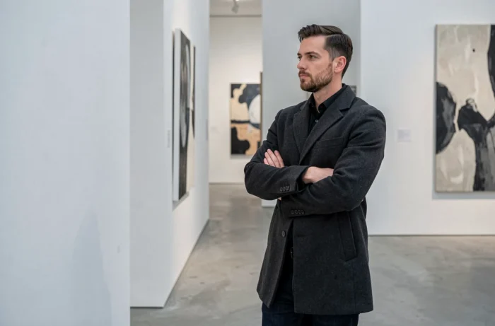 Homme en manteau gris contemplant une œuvre dans une galerie d'art contemporaine, incarnant la discrétion et l'effacement volontaire face aux projecteurs médiatiques