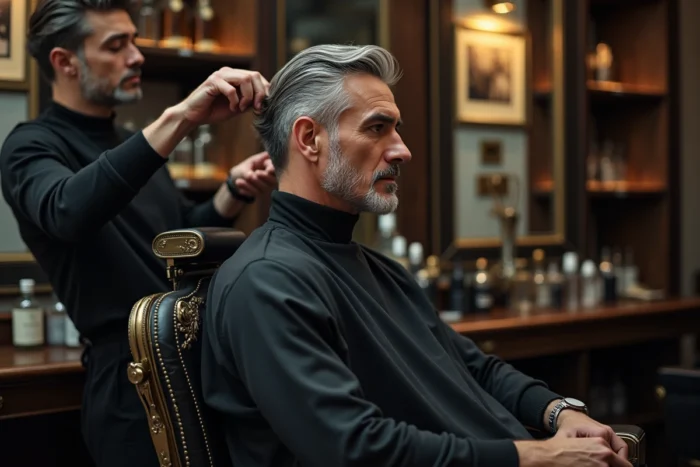 Homme distingué aux cheveux mi-longs poivre et sel se faisant coiffer dans le style mafieux par un barbier dans un salon vintage haut de gamme