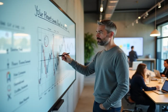 Homme debout devant un tableau blanc expliquant des concepts de finance avec des graphiques boursiers et des diagrammes dans un espace de coworking