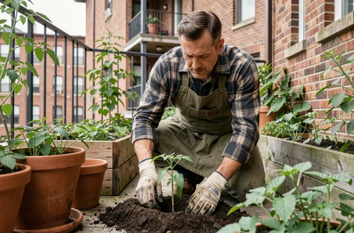 Homme jardинant sur un balcon urbain avec des pots en terre cuite, loisir de jardinage relaxant et accessible