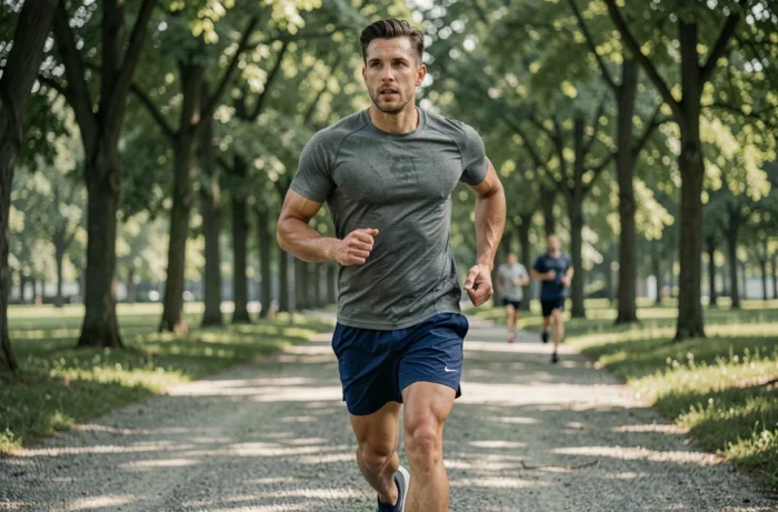 Homme faisant du jogging dans un parc urbain dans le cadre d'un programme de perte de poids d'un kilo par semaine