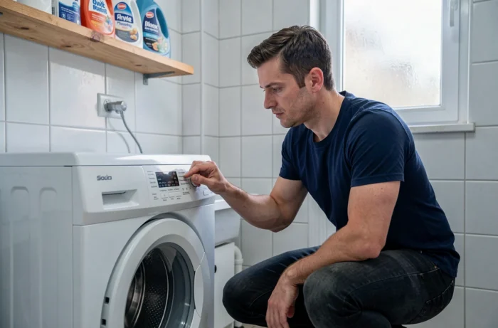 Homme évaluant un lave-linge Saba dans une buanderie d'appartement urbain