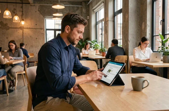 Jeune homme consultant des offres d'emploi actualisées sur une tablette dans un espace de coworking moderne