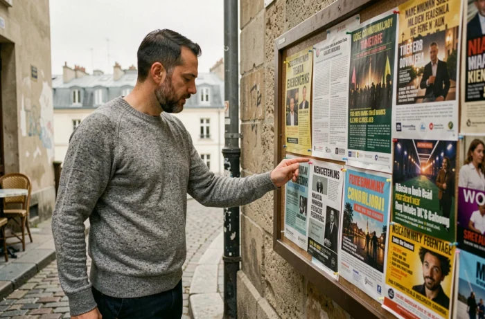 Homme lisant un panneau d'affichage d'événements culturels locaux dans une ruelle de Montmartre à Paris
