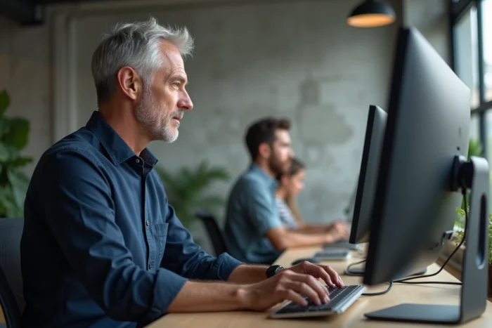 Homme effectuant des recherches en ligne sur un moteur alternatif dans un espace de coworking moderne