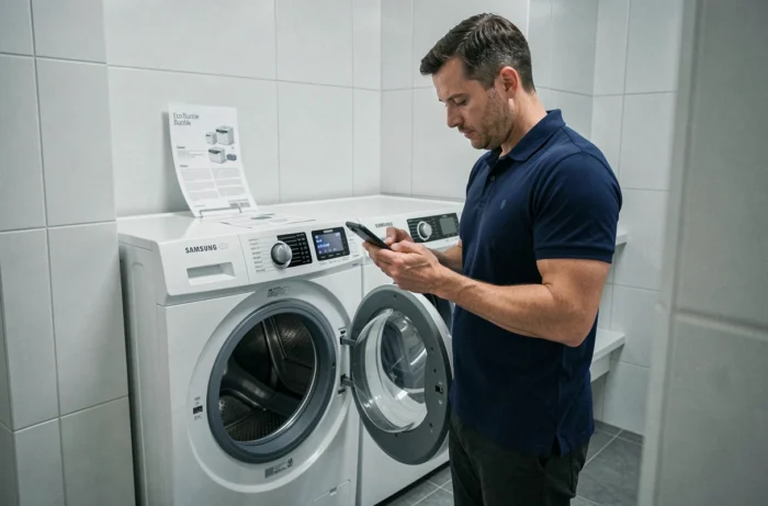 Homme consultant son téléphone devant une machine à laver Samsung Eco Bubble ouverte avec notice utilisateur