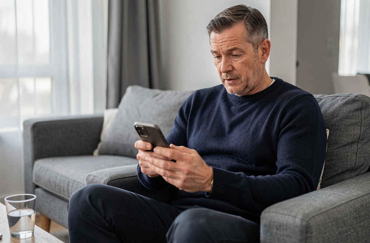 Homme utilisant son smartphone pour envoyer une question bien-être au Manifeste Santé depuis son salon