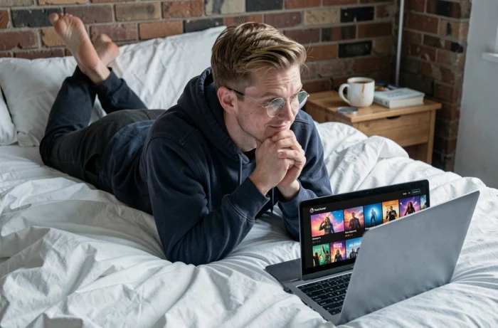 Homme regardant une plateforme de streaming sur son ordinateur portable allongé sur son lit
