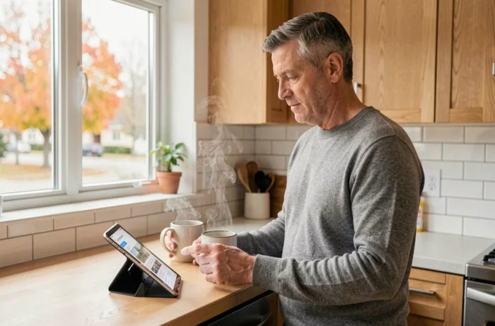 Homme consultant les actualités sur une tablette numérique dans sa cuisine le matin