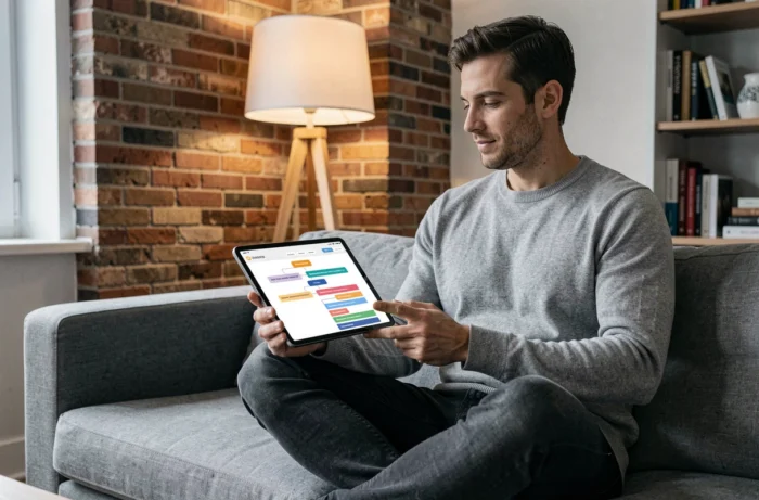 Homme utilisant une tablette pour analyser un sitemap de site emploi depuis son domicile