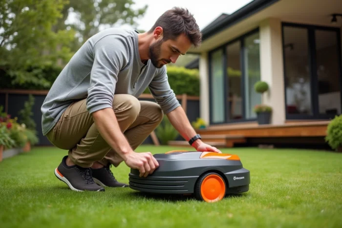 Homme inspectant le dessous du robot tondeuse Husqvarna Automower 310 accroupi sur la pelouse d'un jardin résidentiel