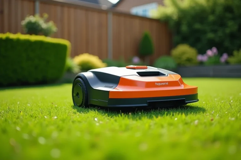 Robot tondeuse Husqvarna Automower 310 en fonctionnement sur une pelouse de jardin résidentiel bien entretenu