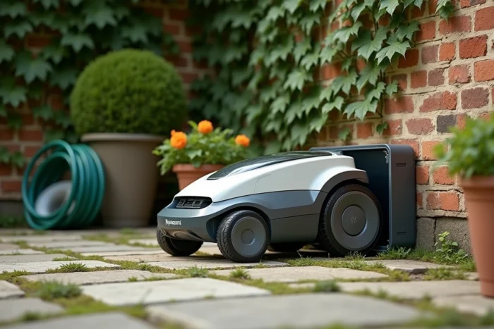 Husqvarna Automower 310 sur sa station de charge dans un jardin avec dallage en pierre et plantes en pot