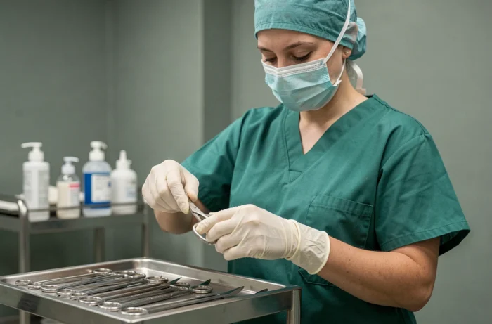 Infirmière instrumentiste en tenue stérile manipulant des ciseaux chirurgicaux en salle d'opération