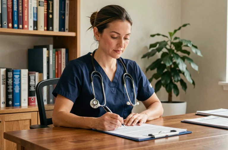 Infirmière libérale en blouse bleue consultant son contrat d'assurance professionnelle à son bureau à domicile