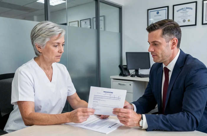 Infirmière libérale discutant de sa couverture d'assurance professionnelle avec un conseiller dans une agence spécialisée