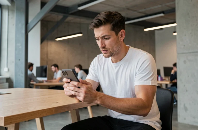 Homme tenant un smartphone pliable dans un bureau tech moderne, illustrant les dernières innovations high-tech